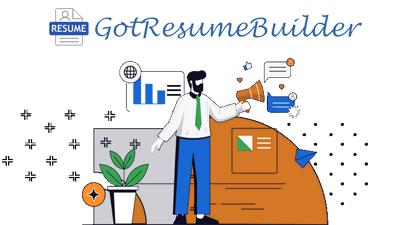 Illustration of a man working with data on a computer. Logo for GotResumeBuilder.com