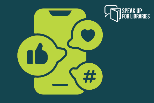 Phone icon with social media icons and "Speak up for libraries" logo.
