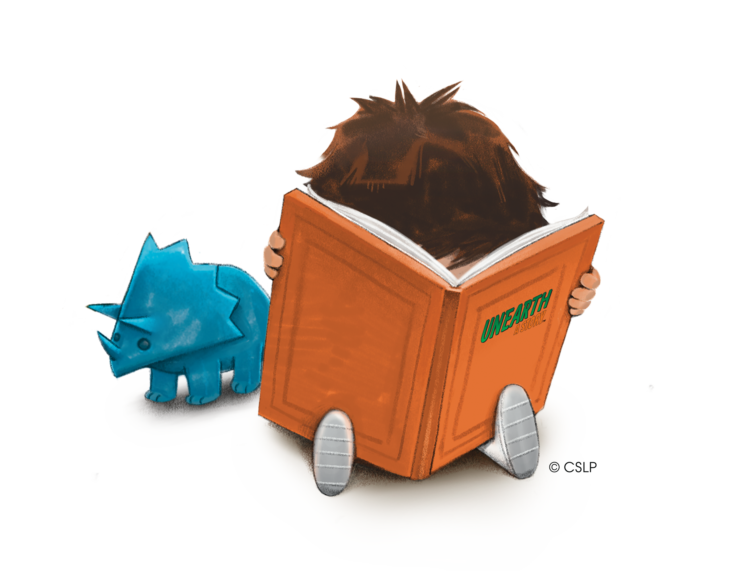 Child reading a large Unearth a story book. With a small blue Triceratops looking on from behind.