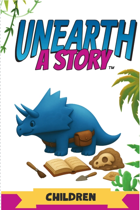 UnEarth A Story Children's Brochure cover. Blue Triceratops wearing a belt surrounded by fossils and archeology equipment. Framed with jungle foliage