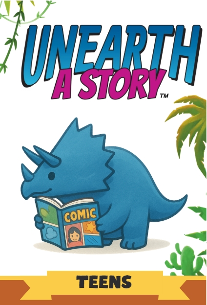 UnEarth A Story Children's Brochure cover. Blue Triceratops wearing a belt surrounded by fossils and archeology equipment. Framed with jungle foliage