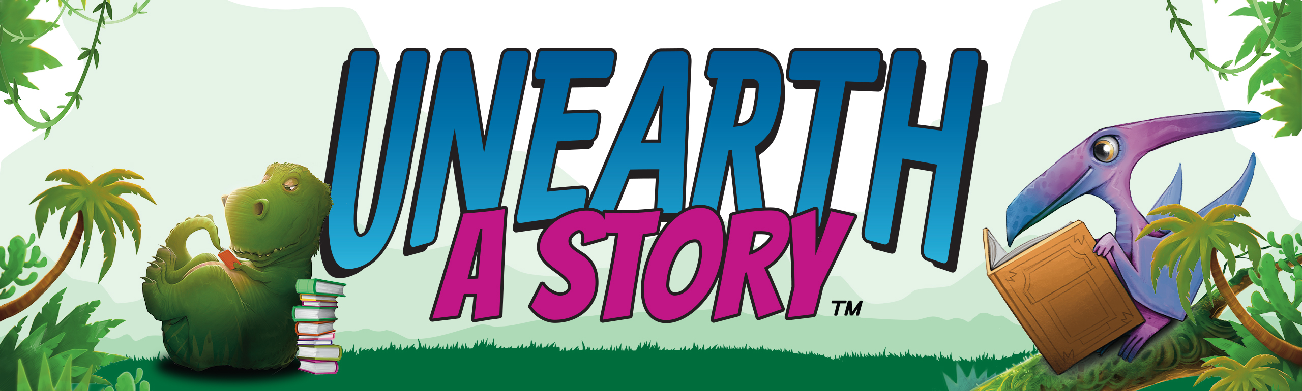 Illustrated background featuring tropical flora, dinosaurs, and the words "Unearth a Story". 